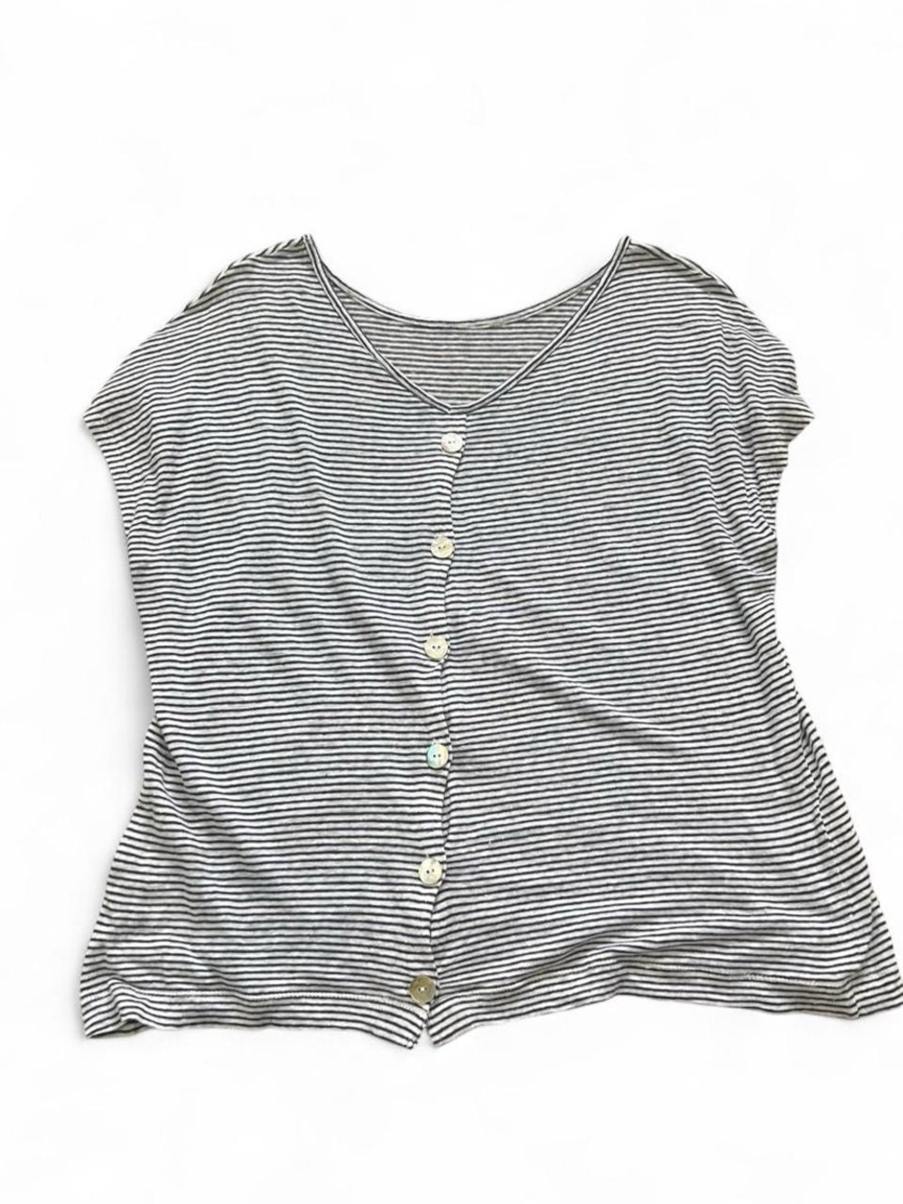Tahari White & Navy Striped Button-Back Short Sleeve Top